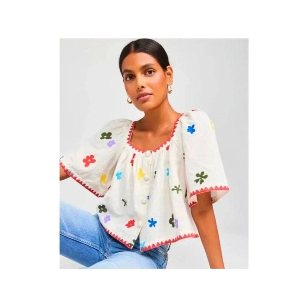Caroline Constas Medium Floral Embroidered Top Blouse Boho Summer